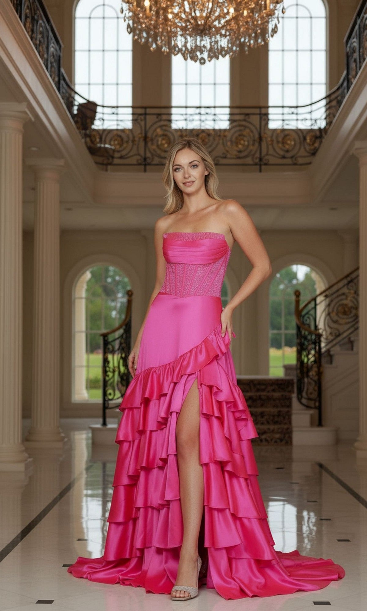 A woman in the hot pink Poly USA 25162 long prom dress, featuring a strapless bodice and tiered A-line skirt, stands in a grand foyer with columns, marble floors, and a chandelier overhead.